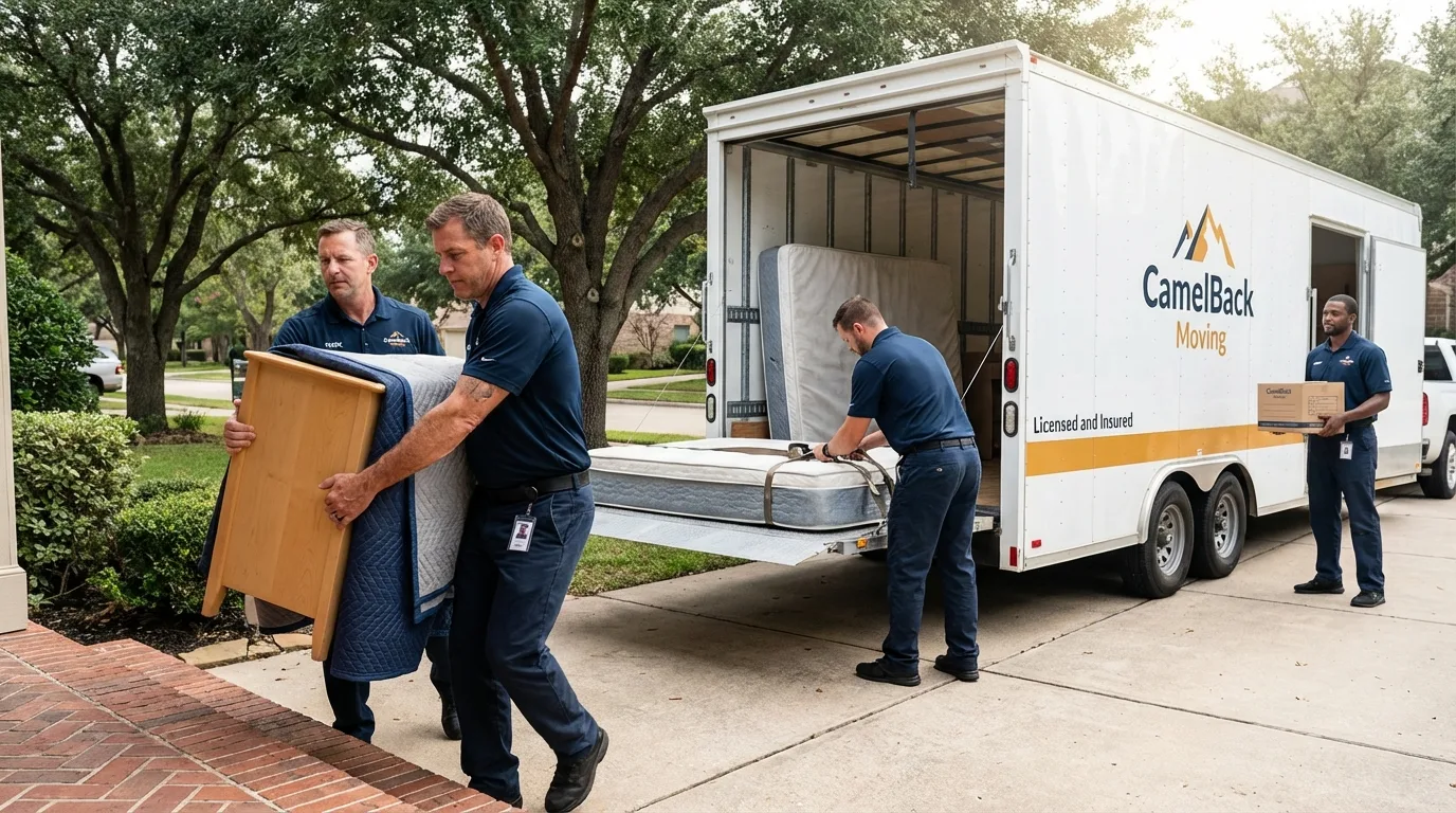 Crew loading residential truck for cross-state move from Theresa, WI