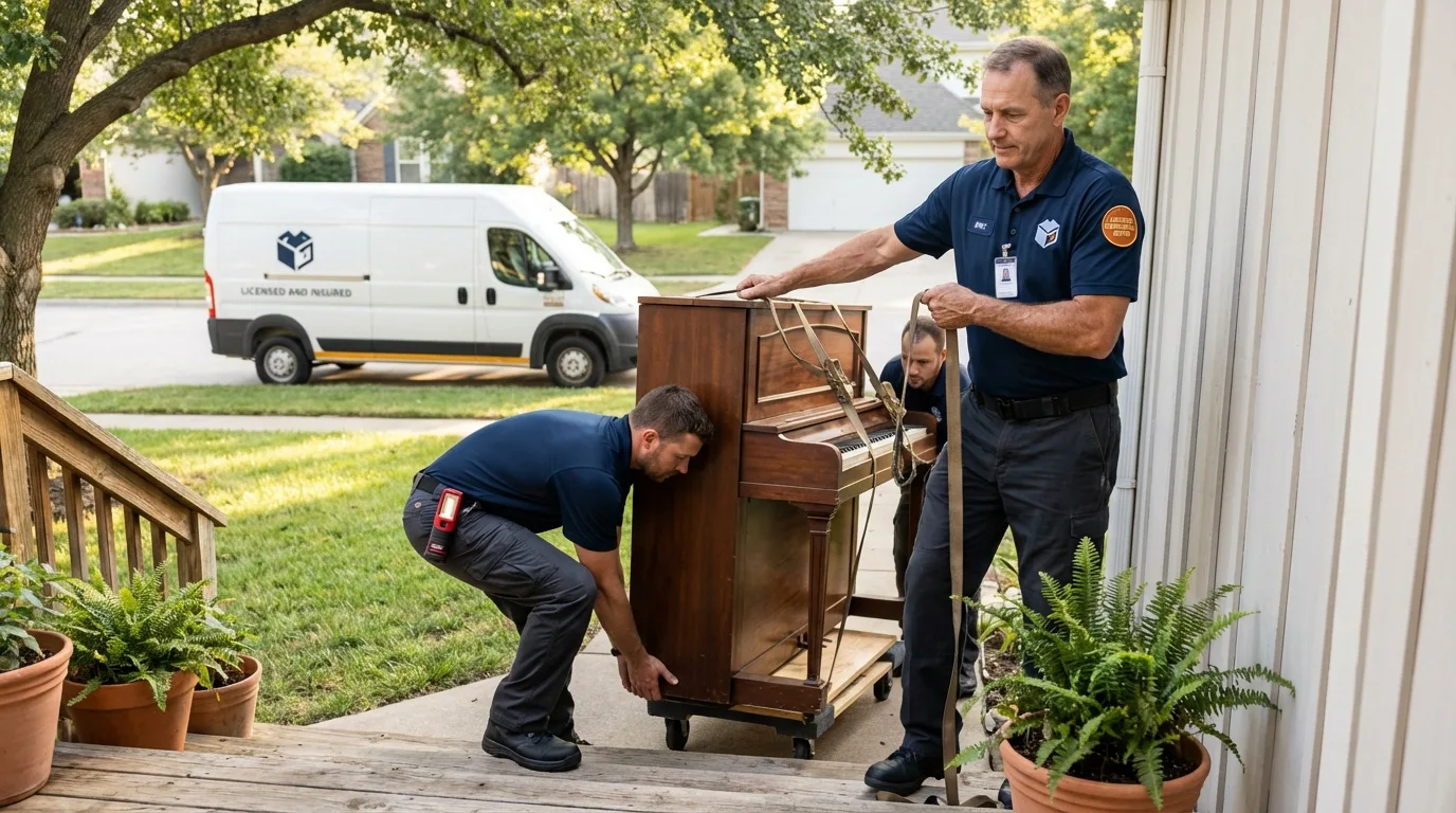 Licensed piano movers securing grand piano in Theresa, WI
