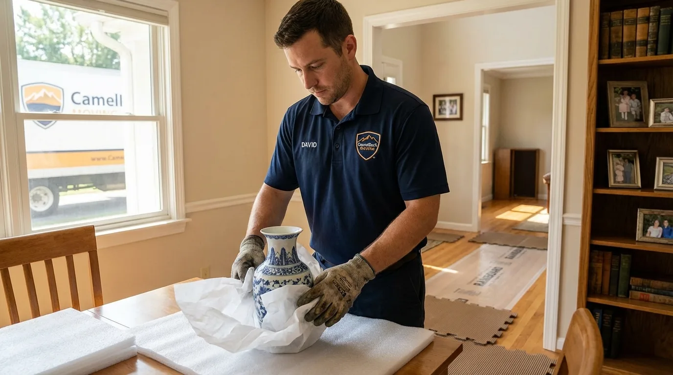 Professional crew carefully wrapping antique vase for senior downsizing move in Theresa, WI